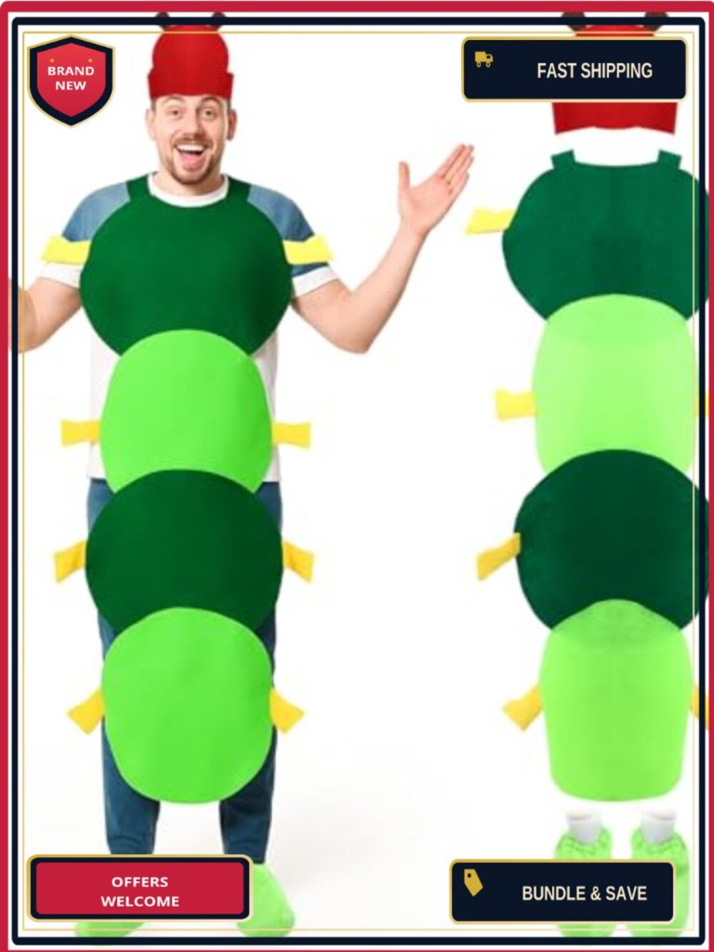 Caterpillar Costume Adult Insect Jumpsuit with Hood & Shoe Covers